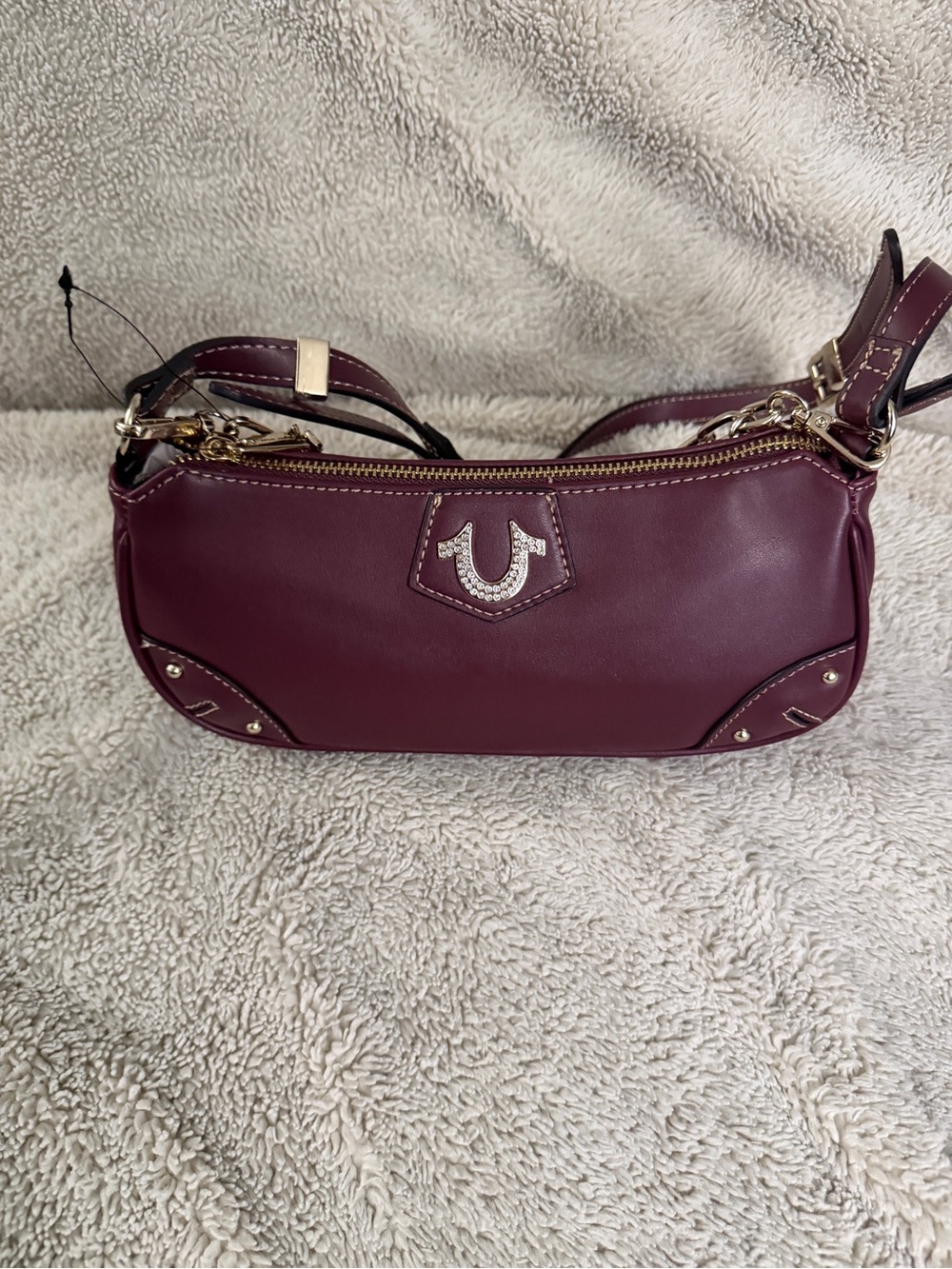 True Religion Plum Leather Shoulder Bag with Gold Hardware